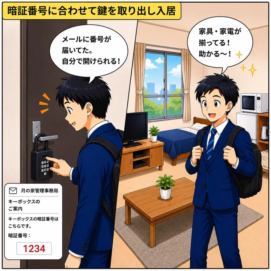 漫画：メールで届いた暗証番号でキーボックスを開け、鍵を取り出して入居する様子