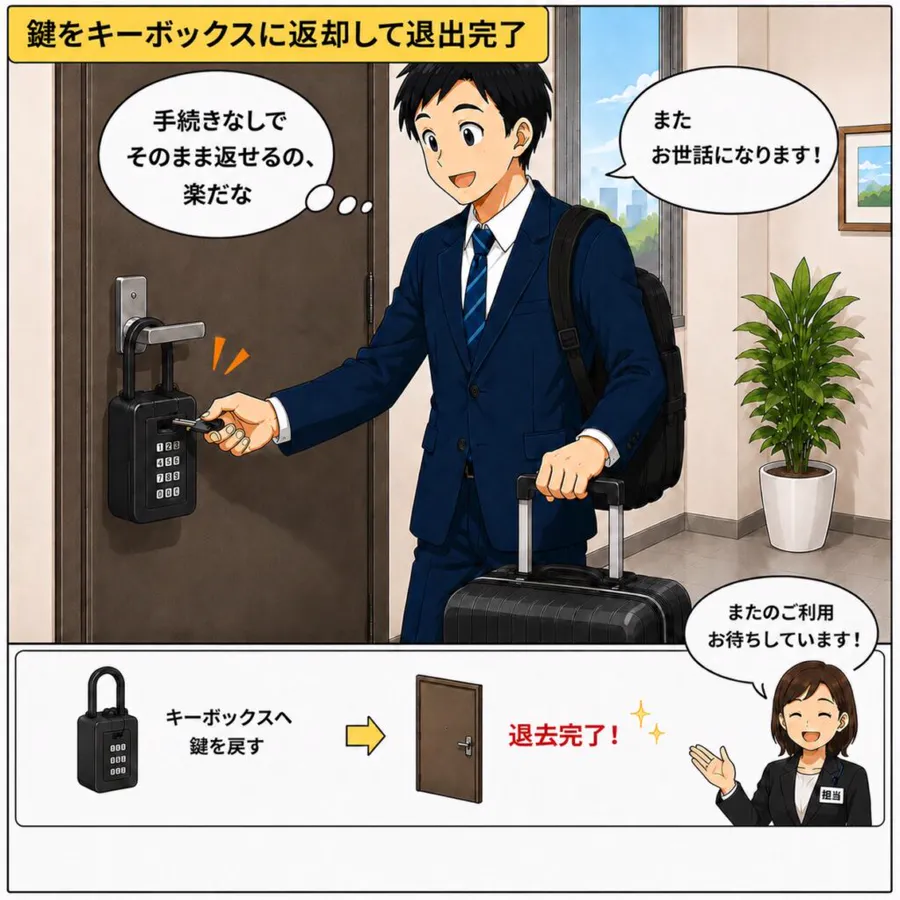 漫画：手続きなしで鍵をキーボックスに戻し、そのまま退去する様子