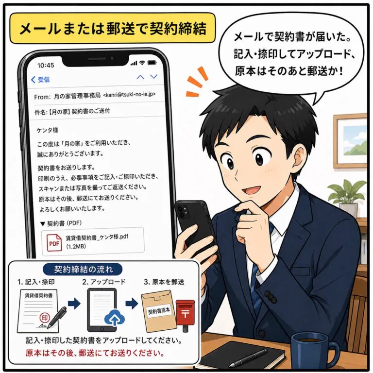 漫画：メールで届いた契約書に記入・捺印してアップロードし、原本を郵送する流れ